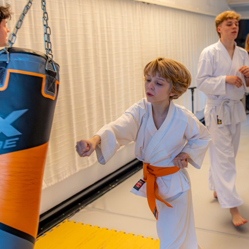 little child boy in a white karate kimono training. Full length portrait
