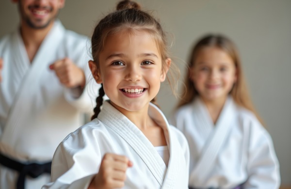 Young girl in white karate uniform smiles in dojo with instructor. Girl confident expression highlights discipline and strength in martial arts. Sport activity self-protection.