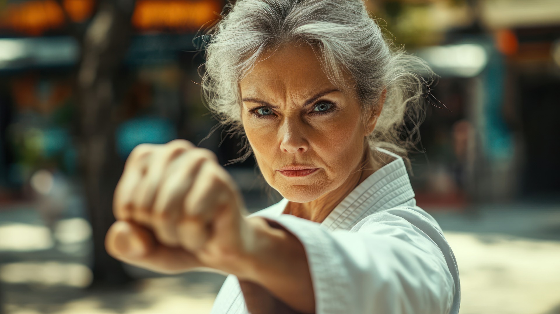 A determined older woman practices martial arts, showcasing strength and focus.